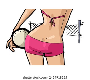 Beach volleyball play, woman in a pink swimsuit standing with a ball. Hand drawn vector summer activity illustration.