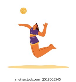 Beach volleyball player girl hits a ball while jumping on the sand. Summer beach sport and leisure activity. Vector flat illustration isolated. Afro sportswoman in uniform plays team sport game