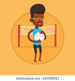 Beach volleyball player holding volleyball ball in hands. Beach volleyball player standing on a background with voleyball net. Vector flat design illustration in the circle isolated on background.