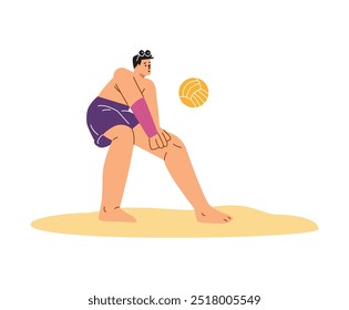 Homem jogador de vôlei de praia bate a bola na areia. Esporte de praia de verão e atividade de lazer. Ilustração plana vetorial isolada sobre fundo branco. Esportista em uniforme joga o jogo de esporte da equipe