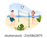 Beach Volleyball Player on the Attack for Sport Competition Series Outdoor in Flat Cartoon Illustration