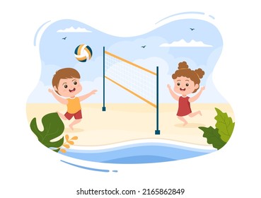 Beach Volleyball Player On The Attack For Sport Competition Series Outdoor In Cute Kids Flat Cartoon Illustration