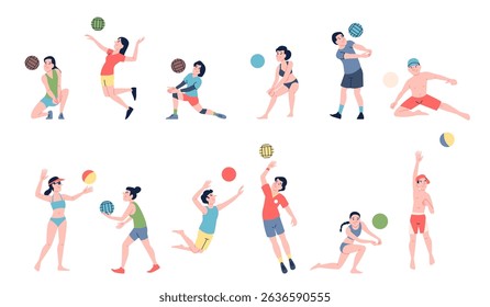Beach volleyball player. Outdoor seasonal activity, people play with ball. Athletes in uniform, male female playing in swimsuits. Active characters recent vector set
