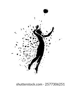 Beach volleyball player serving ball, isolated vector silhouette, distorted sports illustration