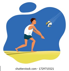 Beach volleyball player in sports shorts and a white T-shirt is training the take of ball after serve. Athlete in a low stance with knees bent and straight arms folded together prepares to take a ball