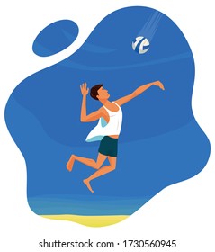 Beach volleyball player in sports shorts and white T-shirt is going to hit the ball in a jump. Serve training. The arm is laid back, the legs are bent at the knees. Spike hitting, offensive shot.