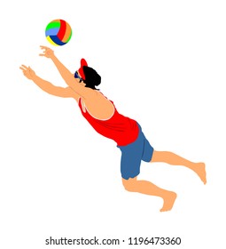 Beach volleyball player vector illustration isolated on white background. Volleyball boy in action. Summer time enjoying on sand. Man sport activity. Active life style. Outdoor summer fun with ball.