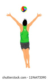 Beach volleyball player vector illustration isolated on white background. Volleyball boy in action. Summer time enjoying on sand. Man sport activity. Active life style.