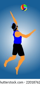 Beach volleyball player vector illustration isolated on background. Player at service serving. 