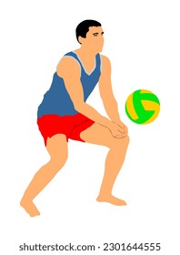 Ilustración vectorial de vóley playa aislada en fondo blanco. Chico de voleibol en acción. Tiempo de verano disfrutando de la arena. Actividad deportiva masculina. Estilo de vida activo. Diversión al aire libre con actividad de pelota.