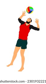 Beach volleyball player vector illustration isolated on white background. Volleyball boy in action. Summer time enjoying on sand. Man sport activity. Active life style. Outdoor fun with ball activity.