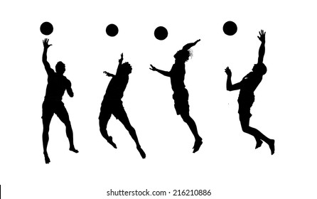Beach volleyball player vector silhouette illustration isolated on white background. Volleyball boy in action. Handsome man volleyball player. Sportsman with ball in air jump. Summer time enjoying.