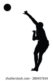 Beach volleyball player vector silhouette illustration isolated on white background. Volleyball boy in action. Handsome man volleyball player. Sportsman with ball in air jump. Summer time enjoying.