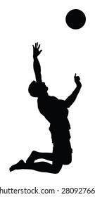 Beach volleyball player vector silhouette illustration isolated on white background. Volleyball boy in action. Handsome man volleyball player. Sportsman with ball in air jump. Summer time enjoying.