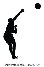 Beach volleyball player vector silhouette illustration isolated on white background. Volleyball boy in action. Handsome man volleyball player. Sportsman with ball in air jump. Summer time enjoying.