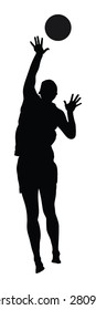 Beach volleyball player vector silhouette illustration isolated on white background. Volleyball boy in action. Handsome man volleyball player. Sportsman with ball in air jump. Summer time enjoying.
