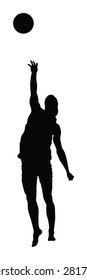 Beach volleyball player vector silhouette illustration isolated on white background. Volleyball boy in action. Handsome man volleyball player. Sportsman with ball in air jump. Summer time enjoying.