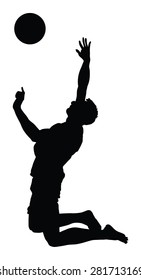 Beach volleyball player vector silhouette illustration isolated on white background. Volleyball boy in action. Handsome man volleyball player. Sportsman with ball in air jump. Summer time enjoying.