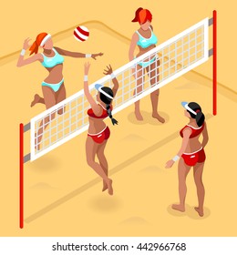 Beach Volleyball Players 2016 Sports Icon Set. 3D Isometric Beach Volleyball. Sporting Championship People Set Beach Volley Competition. Sport Infographic Volley Vector Illustration