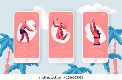 Beach Volleyball Players Concept for Website or Web Page, Male and Female Characters Playing on Seaside Hitting Ball at Summertime. Mobile App Page Onboard Screen Set. Cartoon Flat Vector Illustration