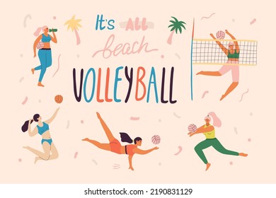 Beach volleyball players in dynamic poses in different roles. Volleyball banner concept for professional or amateur school. Vector illustration of summer hawaiian banner