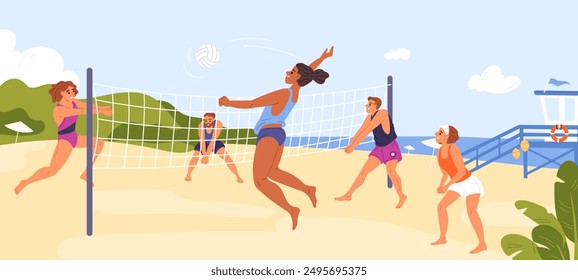 Beach volleyball players. Happy guys and girls hit and throw ball through net on seashore. Sports competitions on sandy coast. Outdoor tournament. Summer vacation. Garish