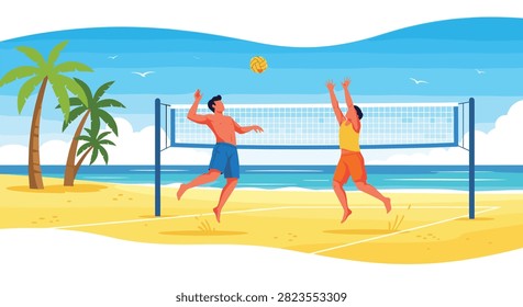 Beach volleyball players jumping at net with palm trees and ocean view under clear blue sky background.