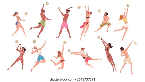 Beach volleyball players. Man woman in swimsuit play volley ball game, athlete hit block balls sport player character swimwear summer vacation activity classy vector illustration original artwork