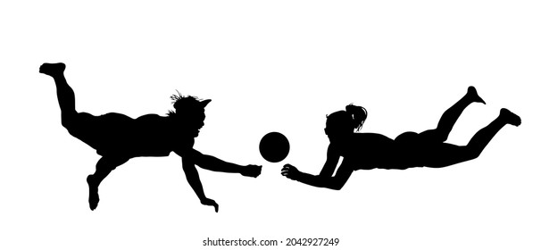 Beach volleyball players vector silhouette illustration isolated on white background. Volleyball boy and girl battle for ball. Summer time enjoying on sand, woman and man sport activity. Double team.