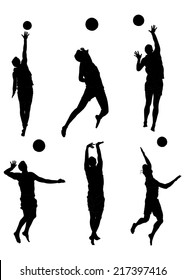 Beach volleyball players vector silhouette illustration isolated on white background. Volleyball boy in action. Handsome man volleyball player. Sports girl with ball in air jump. Summer enjoying.