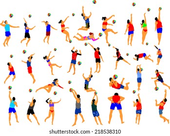 Beach volleyball players vector silhouette illustration isolated on white background. Volleyball boy in action. Handsome man volleyball player. Sports girl with ball in air jump. Summer enjoying.