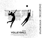 Beach Volleyball is popular sport game. Funny young team women with ball and net. Championship Volleyball net. Black silhouette. Vector Illustration
