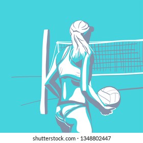 Beach Volleyball is popular sport game. Funny young women with ball and net