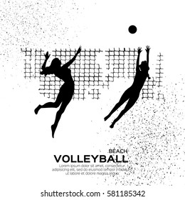 Beach Volleyball is popular sport game. Funny young team women with ball and net. Championship Volleyball net. Black silhouette. Vector Illustration