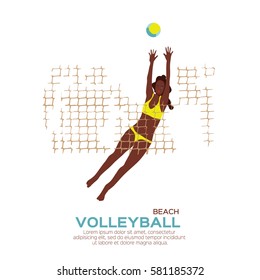 Beach Volleyball is popular sport game. Funny young woman with ball and net. Championship Volleyball net. Vector Illustration