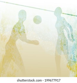 BEACH VOLLEYBALL / Retro card with people on the sandy beach  