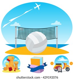 Beach volleyball, sand castle, ice cream, scooter. Set of color illustrations on the theme of summer.