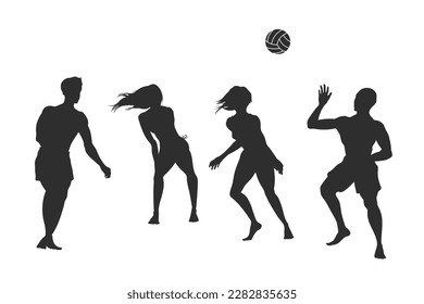 Beach volleyball silhouette. Young people play on sand. Outdoor summer game. Isolated sport activity scene. Vector illustration