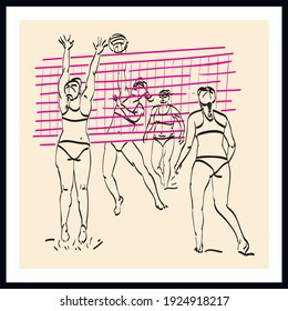 Beach volleyball sketch drawing. Vector poster. Living room poster, wall decoration poster