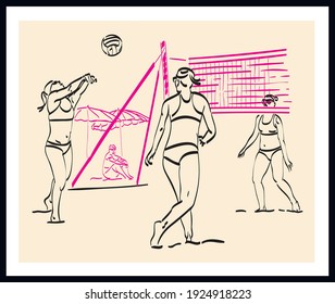 Beach volleyball sketch drawing. Vector poster. Living room poster, wall decoration poster