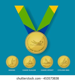 Beach volleyball sport icon on gold medal award with Brazilian color theme designed ribbon with isolate boxing, canoe slalom, canoe sprint and cycling BMX sport icons for Brazil summer game