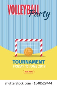 Beach Volleyball Sport Poster Vector Illustration. Summer Playing Beach Volley Team Competition Invitation. Professional Winner Jump Tournament On Water Card. Net Sand Ball Recreation Sea Fitness.