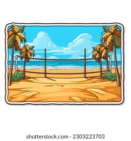 Beachvolleyball. Sportdisziplinen. Cartoon, Vektorgrafik, weißer Hintergrund, Etikett, Aufkleber