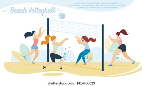 Beach Volleyball, Sportswomen Teams Competition, Girls Playing with Ball on Sandy Seaside with Basket. Summer Time Vacation, Healthy Lifestyle Activity, Sport. Cartoon Flat Vector Illustration, Banner