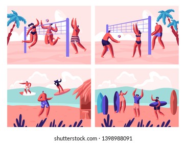 Beach Volleyball and Surfing Set. People Playing with Ball on Seaside and Surf Boards on Sea Waves. Sports Activity on Summer Time Vacation Leisure, Recreation, Sport. Cartoon Flat Vector Illustration