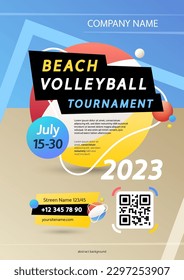 Beach Volleyball Tournament Poster Template. Abstract tennis court background with colorful ball. Stock vector modern clipart for sport projects.