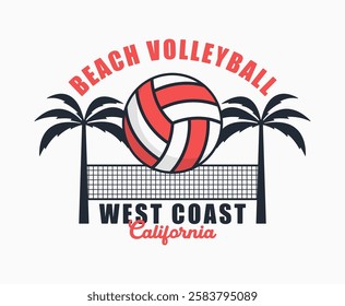 Beach volleyball t-shirt design with palm trees, ball and volleyball net. California, West Coast graphic print for beach volley tee shirt. Apparel design for summer sport. Vector illustration.