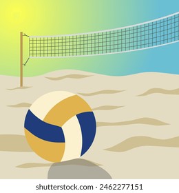 Vóley playa. Ilustración vectorial de una red de voleibol y una pelota en la arena. EPS 10.