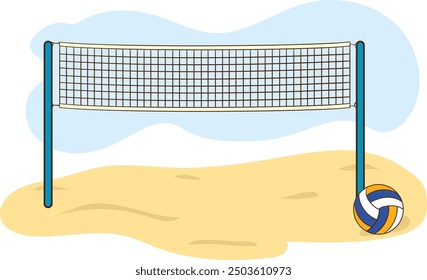 beach volleyball vector illustration.Vivid beach landscape with volleyball net on sandy beach invites players to friendly matches