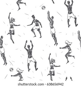 Beach volleyball. Vector seamless pattern with hand drawn young people. Guys and girls playing with ball on sea coast. Summer vacation funny texture in sketch style